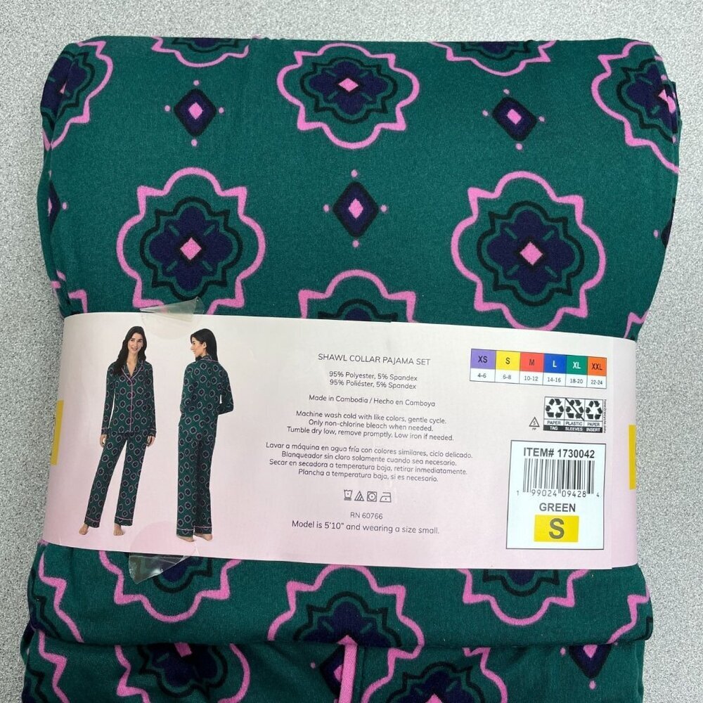 Room Service Womens Shawl Collar Pajama Set Women's S Green Pink Floral M0285 - Picture 4 of 6